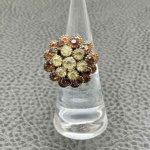 Vintage Judy Lee Cocktail Ring Amber Yellow Rhinestone Cluster Dome Size 7